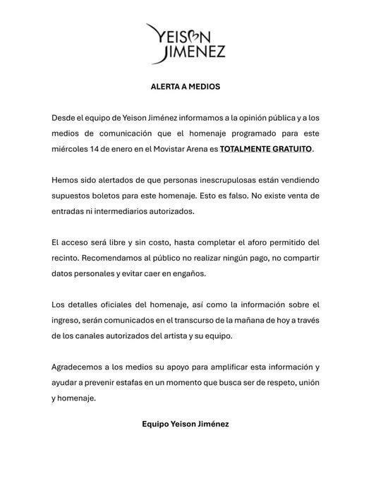 ALERTA A MEDIOS Desde el equipo de Yeison Jiménez informamos a la