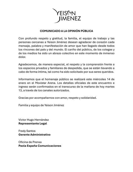 COMUNICADO A LA OPINIÓN PÚBLICA Con profundo respeto y gratitud, la familia,