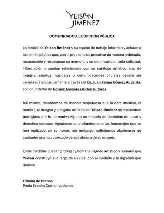 COMUNICADO A LA OPINIÓN PÚBLICA La familia de Yeison Jiménez y su