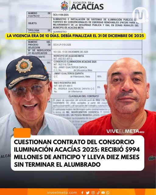 Diez meses después, el Consorcio Iluminación Acacías 2025 sigue sin terminar un