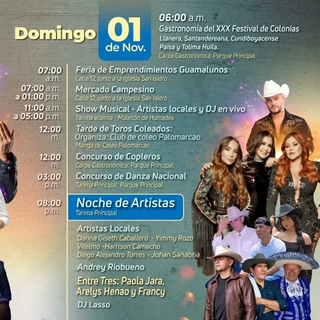 Programación para el 1 de Noviembre. Festivales de Colonias Guamal Meta 2026.