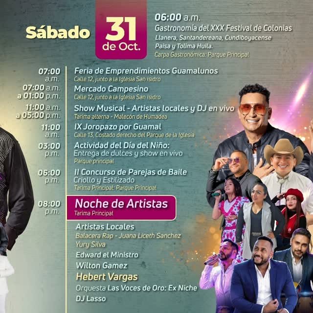 Programación para el 31 de Octubre. Festival de Colonias 2026 Guamal Meta.