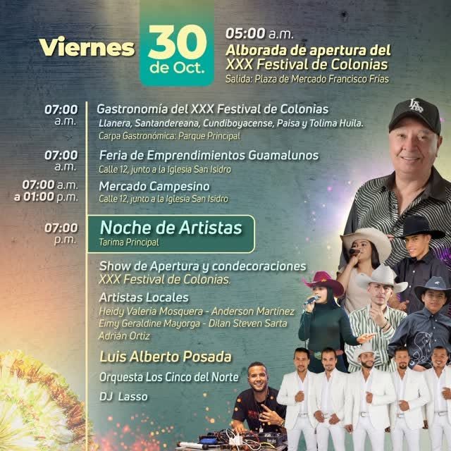 Programación para el viernes 30 de Octubre Festivales de colonia 2026 Guamal