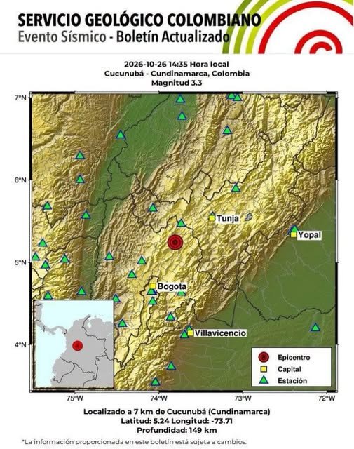 #SismosColombiaSGC Evento Sísmico - Boletín Actualizado 1, 2026-10-26, 14:35 hora local Magnitud