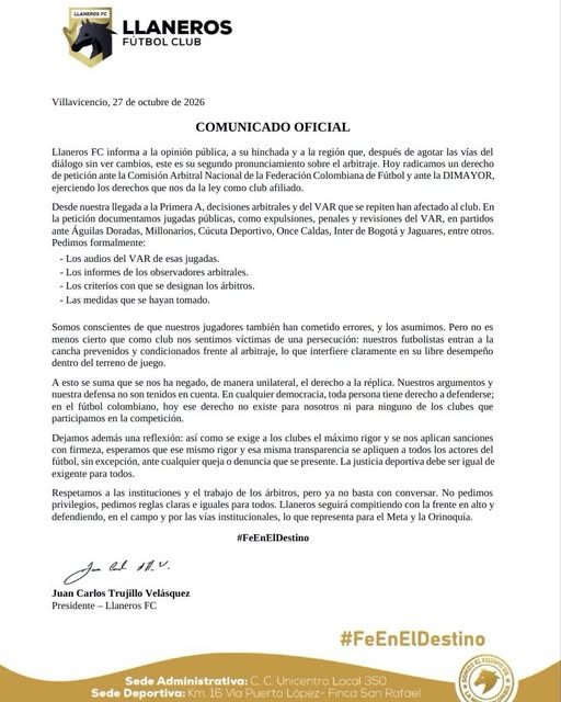 Llaneros FC presenta queja formal por decisiones arbitrales Llaneros FC radicó un