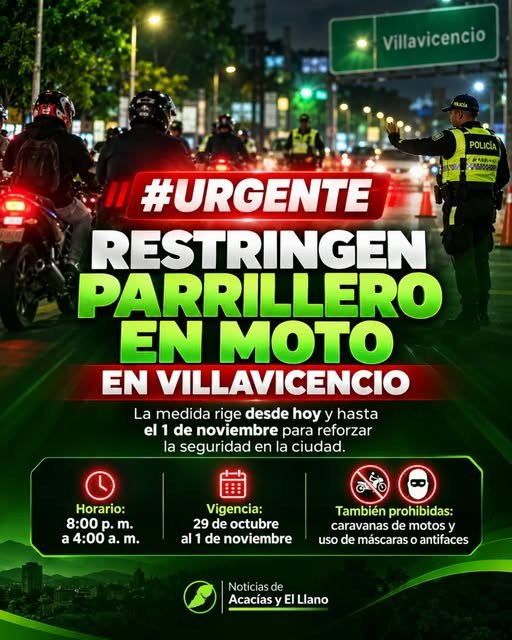 ¡ATENCIÓN, MOTOCICLISTAS! RESTRINGEN EL PARRILLERO EN VILLAVICENCIO Villavicencio, Meta. La Alc...